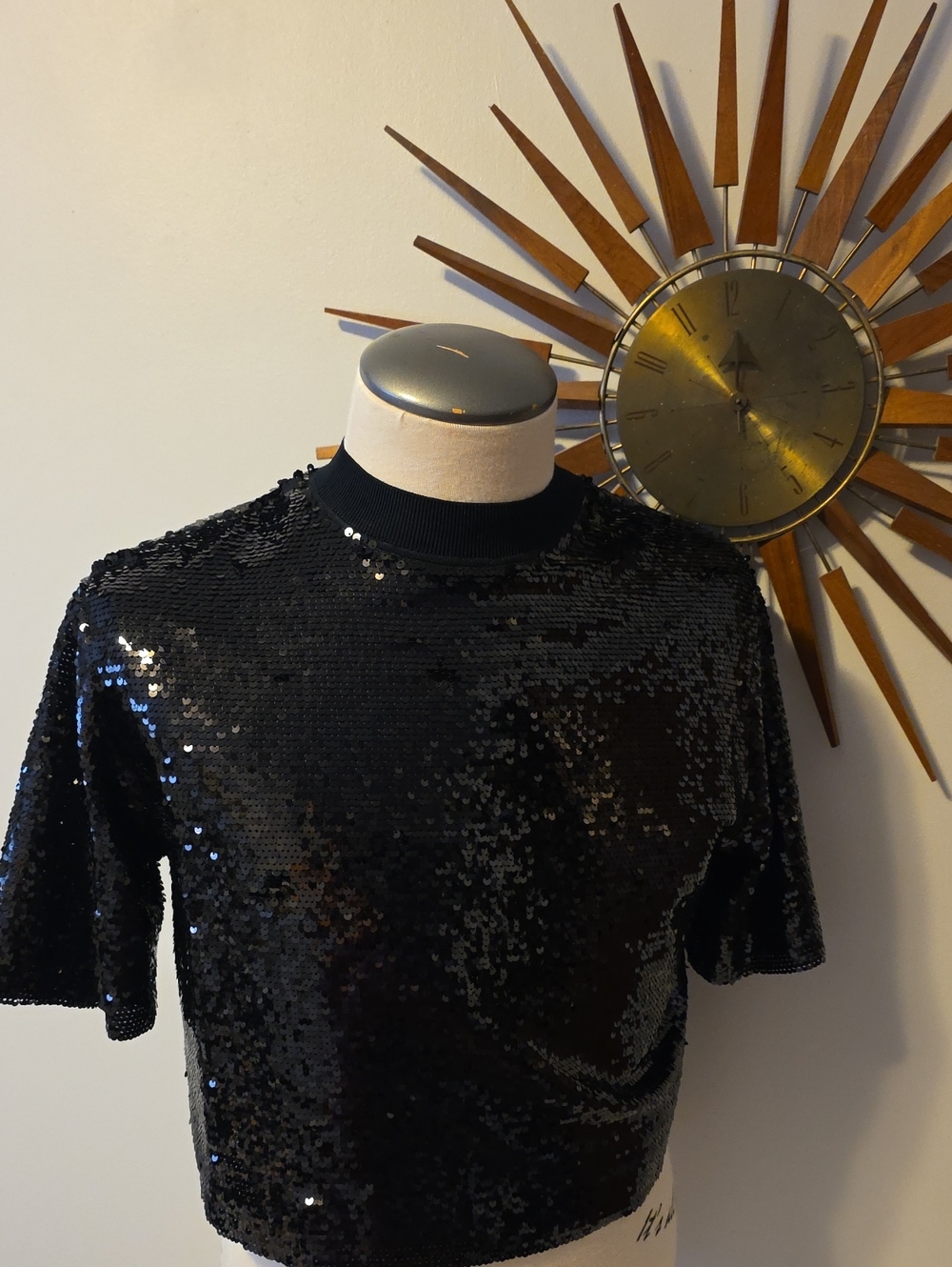 All Saints Black Sequin Short-Sleeve Top